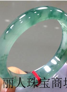 缅甸老坑冰种飘花翡翠色手镯飘绿花正圈玉镯少女款旺夫通透贵妃镯