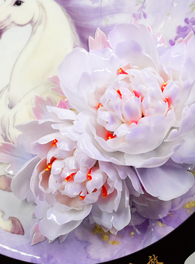 李学武牡丹瓷盘摆件洛阳陶瓷立体牡丹花马年吉祥物装饰坐盘礼盒装