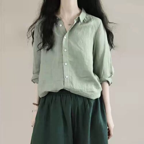 2026春季新款文艺复古女装棉麻纯色宽松休闲衬衫阔腿裤两件套套装 - 图0