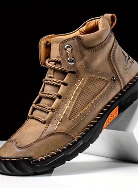 欧美大码男士PU皮靴 男士时尚手工缝线平底系带休闲鞋men's shoes