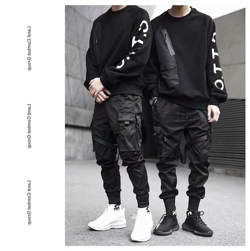Men Block Black Pocket Cargo Pants Joggers Sweatpant Hip Hop - 图2