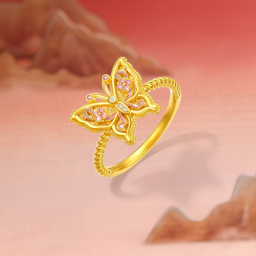 周六福黄金镶嵌钻石戒指女款非遗黄金缥缈蝴蝶戒指送女生圣诞礼物 - 图1