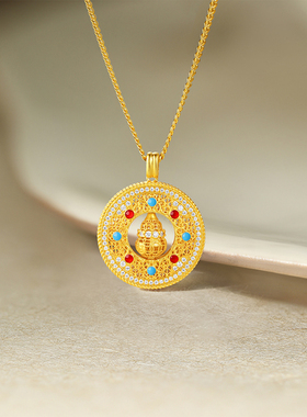 周六福葫芦八宝罗盘项链女S925银链坠黄金色小众新年礼物送女友