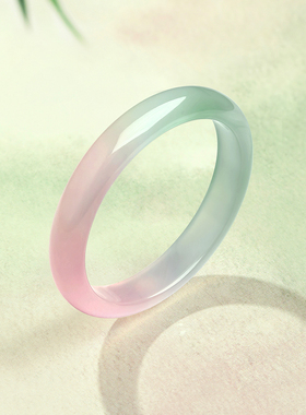 周六福春彩深粉绿玉髓手镯宽条新中式国风圣诞礼物送女友