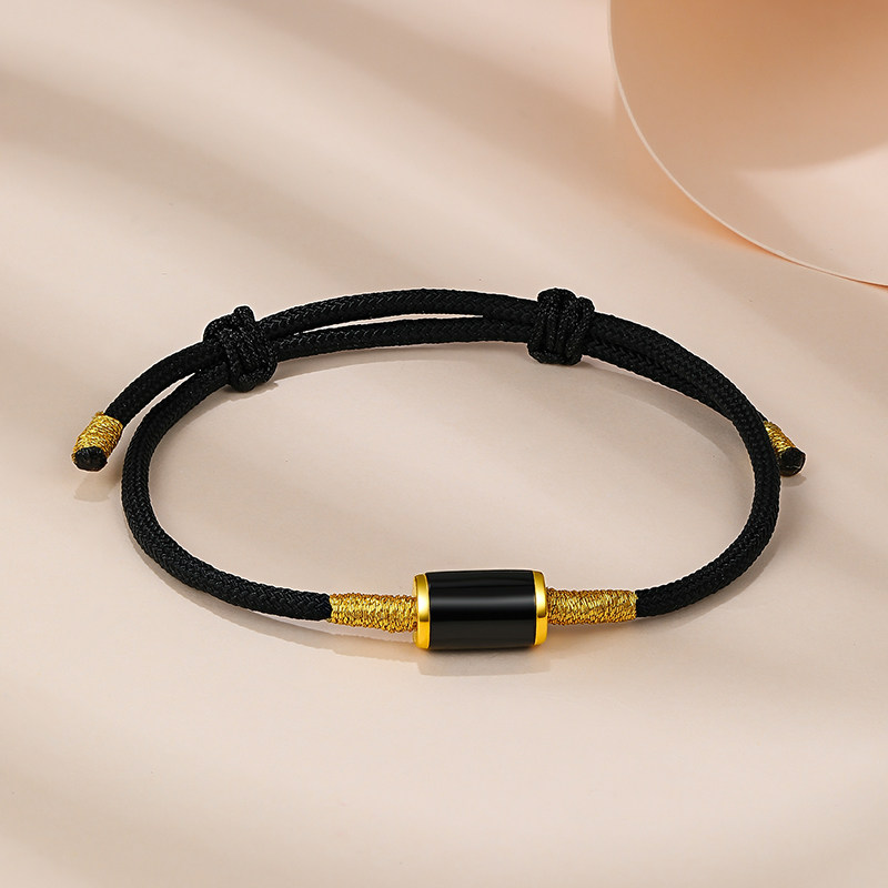 周六福金镶玉足金和田黑色复古手绳 周六福手饰