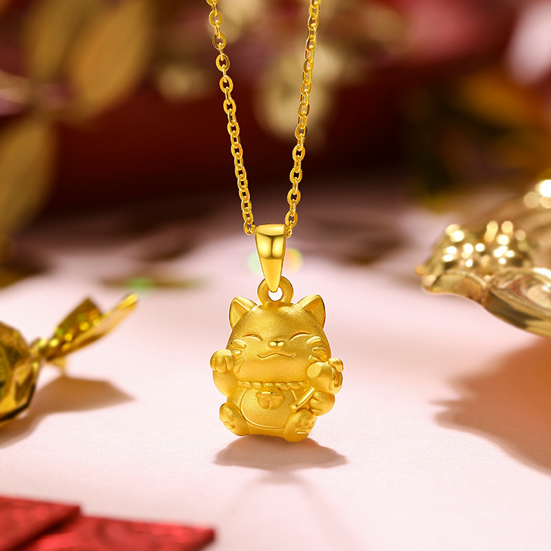 周六福女3d硬金如意灵猫系列挂坠 周六福颈饰