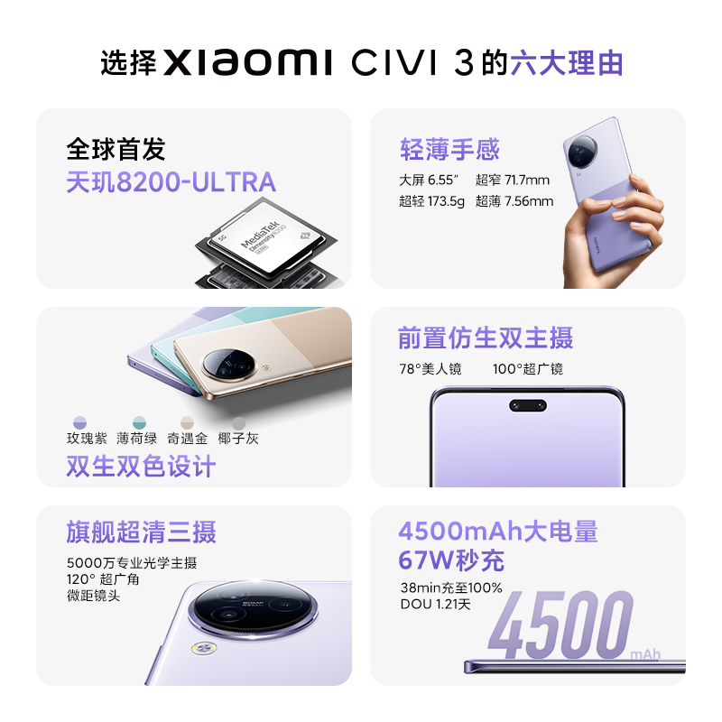 【88消费券倒计时一天】Xiaomi Civi 3新品手机小米Civi3官方旗舰店官网正品新款拍照智能Civi系列