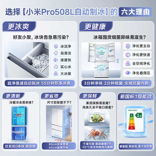 【自动制冰508L】小米米家Pro508L法式四门双系统净味平嵌冰箱 - 图0