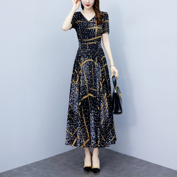 2024 New Summer Plus Size Women's Slim, Temperamental Waist Printed High Waist Belly Covering Mesh Long Style Western Dress