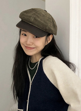 韩国代购灯芯绒八角帽秋冬男女新