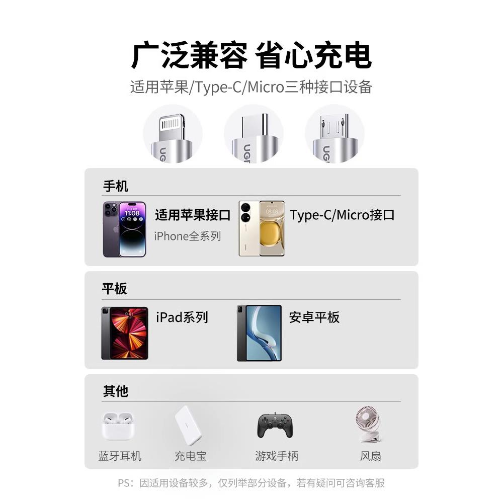 绿联三合一数据线mfi认证一拖三充电宝线器适用华为荣耀小米苹果14iPhone13安卓typec头车载多功能快充线