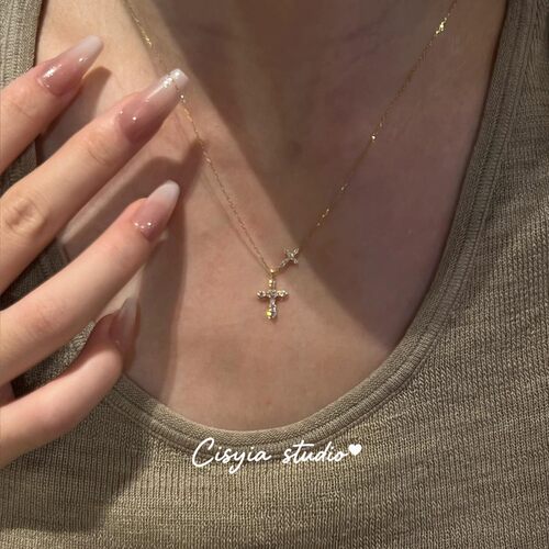 精致满钻双十字架吊坠项链女小众设计简约百搭锆石超闪锁骨链配饰 - 图3
