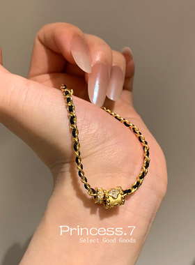 vintage高级感金跑环黑金手链女简约小香风链条拉丝爆闪编制手绳