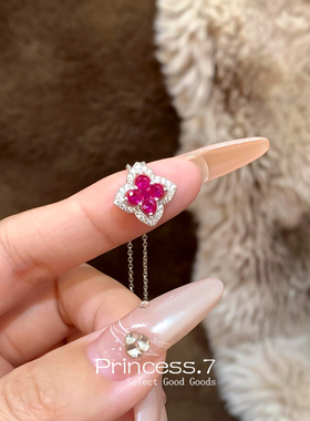 闪钻红宝石四叶草花瓣项链新款