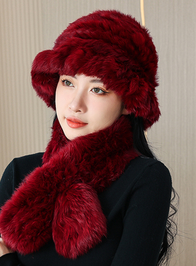 兔毛帽子女秋冬毛绒皮草帽子白色针织毛线帽兔毛扩边渔夫帽雪地帽