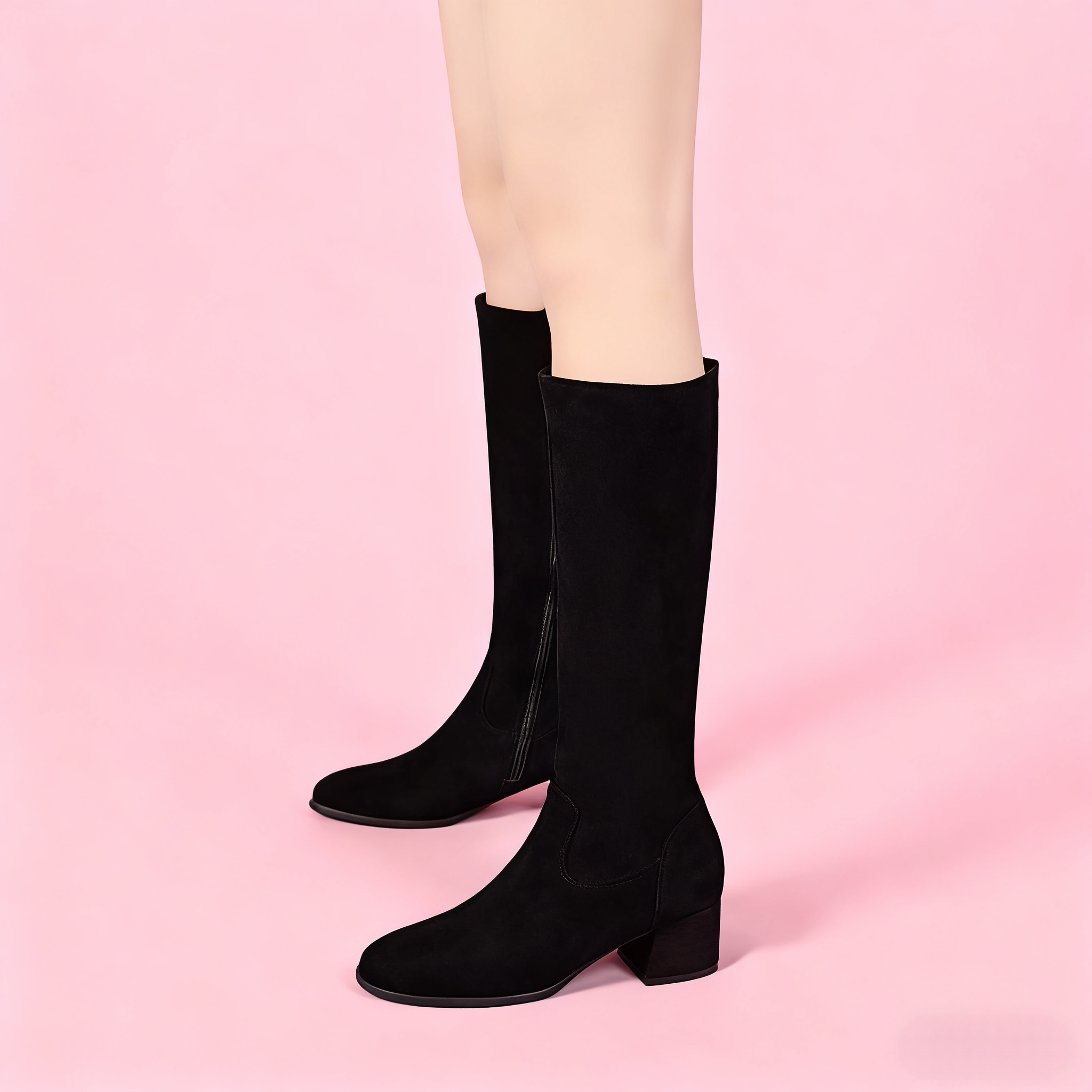 2025秋冬季新款中跟长筒靴圆头加绒高筒靴时尚粗跟骑士靴磨砂长靴 - 图2