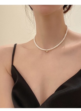 2023新款复古法式优雅赫本风单层4mm珍珠项链女轻奢高级锁骨链ins