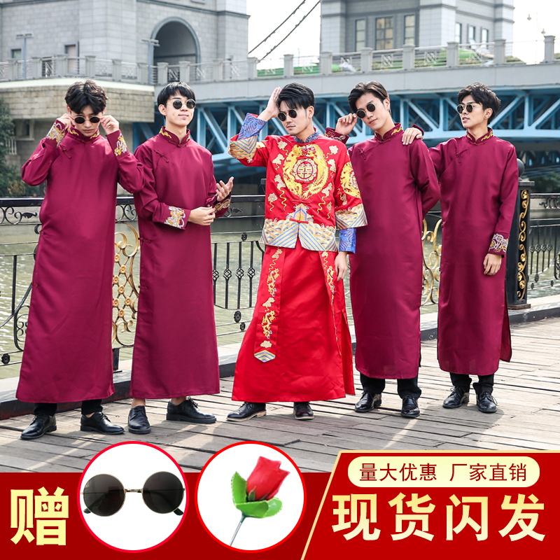薇茨旗舰店中式婚礼伴郎伴娘服装男士长衫兄弟团礼服结婚中国风唐装大褂马褂0