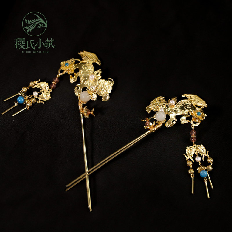 稷氏小筑 小狮子 汉服配饰铜镀24k真金古风发饰套装女发冠发簪,淘宝优惠券,粉丝福利购,淘宝优惠卷