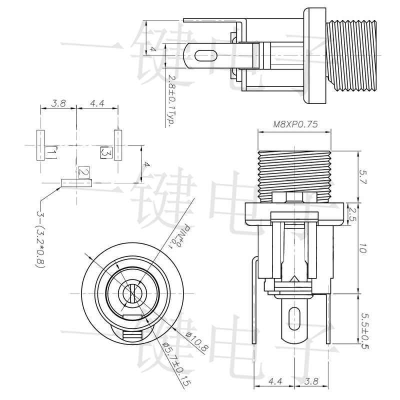 全铜脚 DC电源接口 DC-025M 5.5-2.1/2.5MM三脚插座螺丝金属头-图1