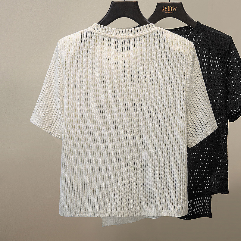 丝柏舍圆领T恤2025夏装新款女装镂空短款不规则下摆垂感设计上衣
