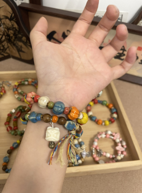 9.9/2件陶瓷手链文艺复古陶瓷中式花釉渐变彩色手串学生手串