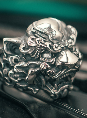 唐狮戒指松岩S925银霸气原创男士