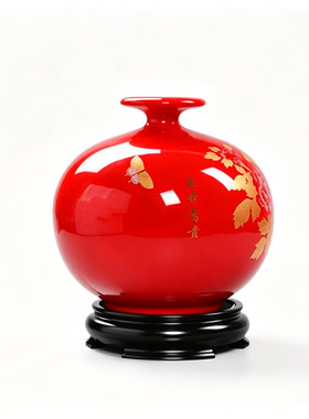 中国红陶瓷富贵牡丹花瓶摆件