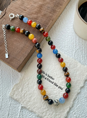 莫里里原创天然彩色玛瑙虎眼石斑点串珠项链