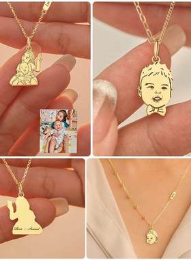 宝宝定制头像项链925纯银亲子男女图案人头手绘照片简笔画项链
