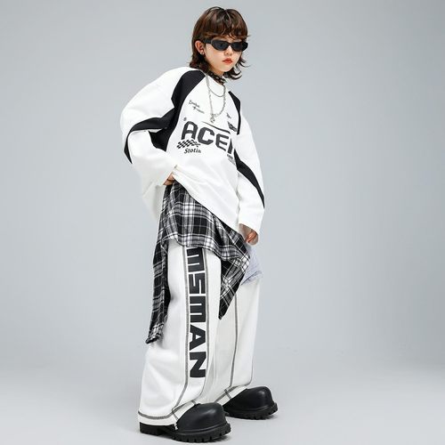 男童街舞儿童潮服白卫衣套装嘻哈运动练功裤男女童少儿帅气演出服 - 图2