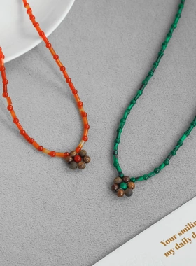 ZIXIU家小花项链 董洁同款简约中式天然石竹节编织小花串珠锁骨链