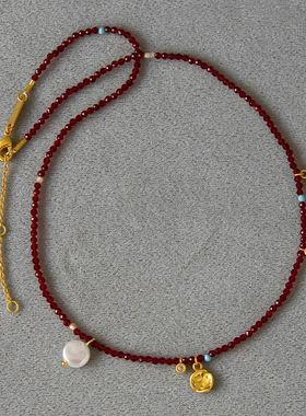 韩系小众酒红色串珠项链新中式跨年款小巧精致冬季极细串珠锁骨链