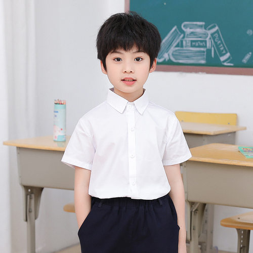 儿童白衬衫短袖夏季涤棉小男孩白色半袖薄上衣女学生JK校园表演服 - 图0