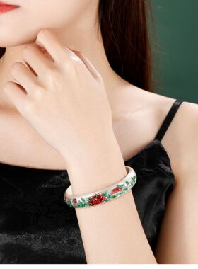 慕燕足银珐琅牡丹可调手镯送她
