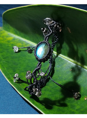 晴天出品手工编织天然拉长石水波纹+水晶碎石手绳简单百搭