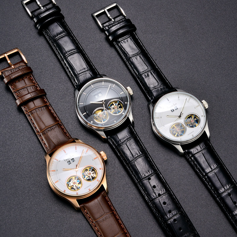 邦顿男士双陀飞轮镂空双历全机械表 邦顿骏钰国产腕表