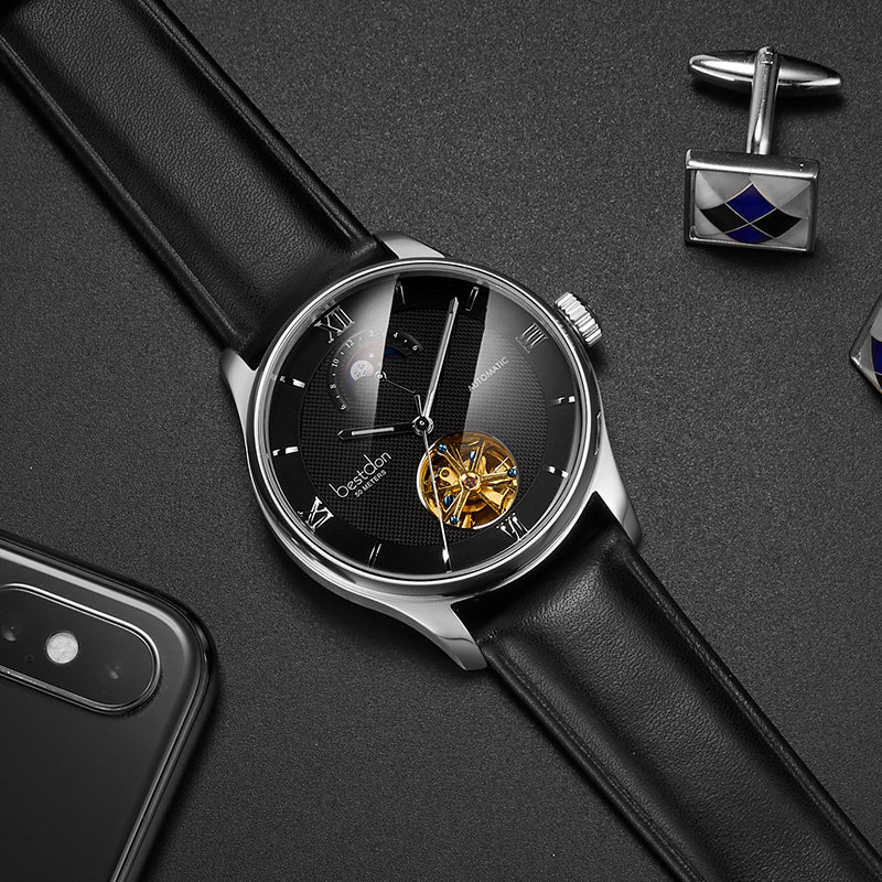 邦顿男士全自动镂空皮带夜光机械表 邦顿骏钰国产腕表