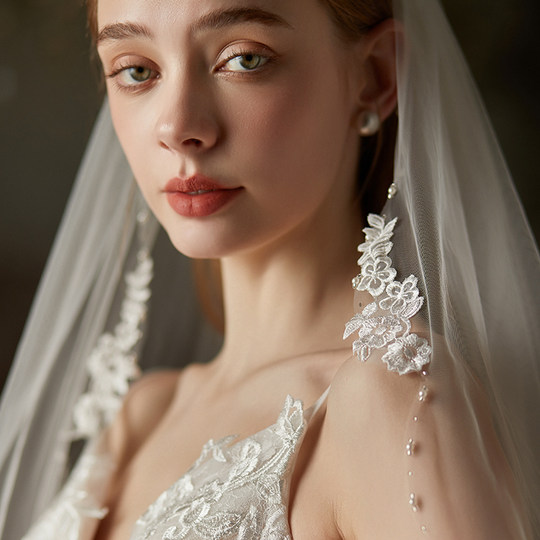 V780法式新娘头纱领证 超仙白色蕾丝单层高级感婚礼拍照结婚头饰