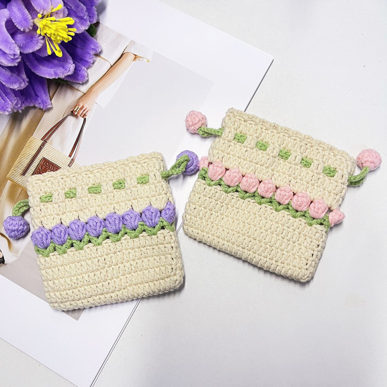 【成品】手工钩针编织郁金香花朵束口包加大耳机包毛线零钱包卡包,淘宝优惠券,粉丝福利购,淘宝优惠卷