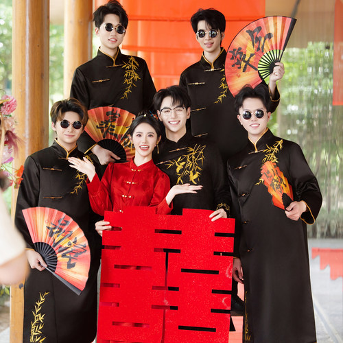 新中式伴郎服2026新款兄弟装搞笑结婚礼服男士中国风旗袍唐装大褂 - 图1