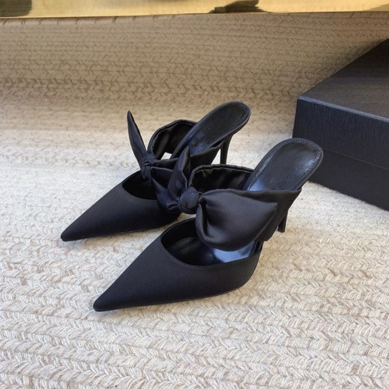 2025新款尖头细跟高跟鞋女黑色绸缎蝴蝶结包头凉鞋性感气质穆勒鞋,淘宝优惠券,粉丝福利购,淘宝优惠卷