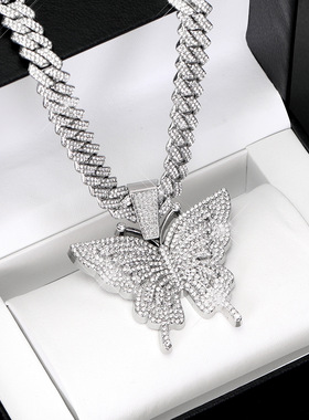 超闪男女粉色满钻蝴蝶菱形古巴链