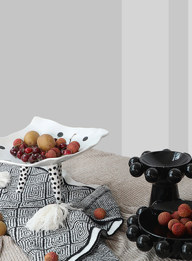 密度家居轻奢创意圆球黑色釉面陶瓷高脚果盘花瓶器客厅餐厅装饰品