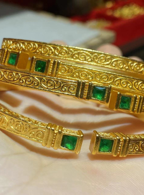 古法沙金绿色双糖塔方形开口手镯女新中式宫廷风复古花纹镯子