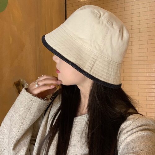 丹宁双面戴/陈奶奶韩系牛仔渔夫帽女遮阳帽防晒盆帽简约休闲帽子 - 图0