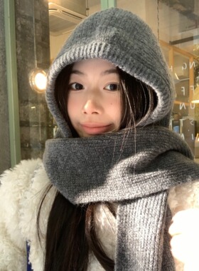 秋冬随性针织含羊毛帽子围脖一体