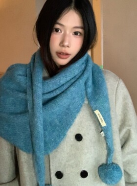 陈奶奶纯色三角巾毛球披肩女秋冬