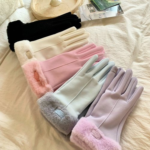 奶油系少女~陈奶奶简约治愈小熊加厚加绒保暖手套可触屏防水手套 - 图2