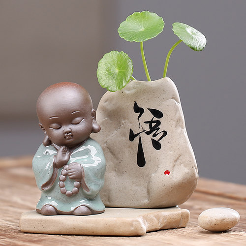 哥窑茶宠 个性 创意 可爱小沙弥摆件禅意小和尚可养家居摆设花盆 - 图2